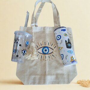 Thermos, Glass, and Bag set with Turkish evil eye desingn